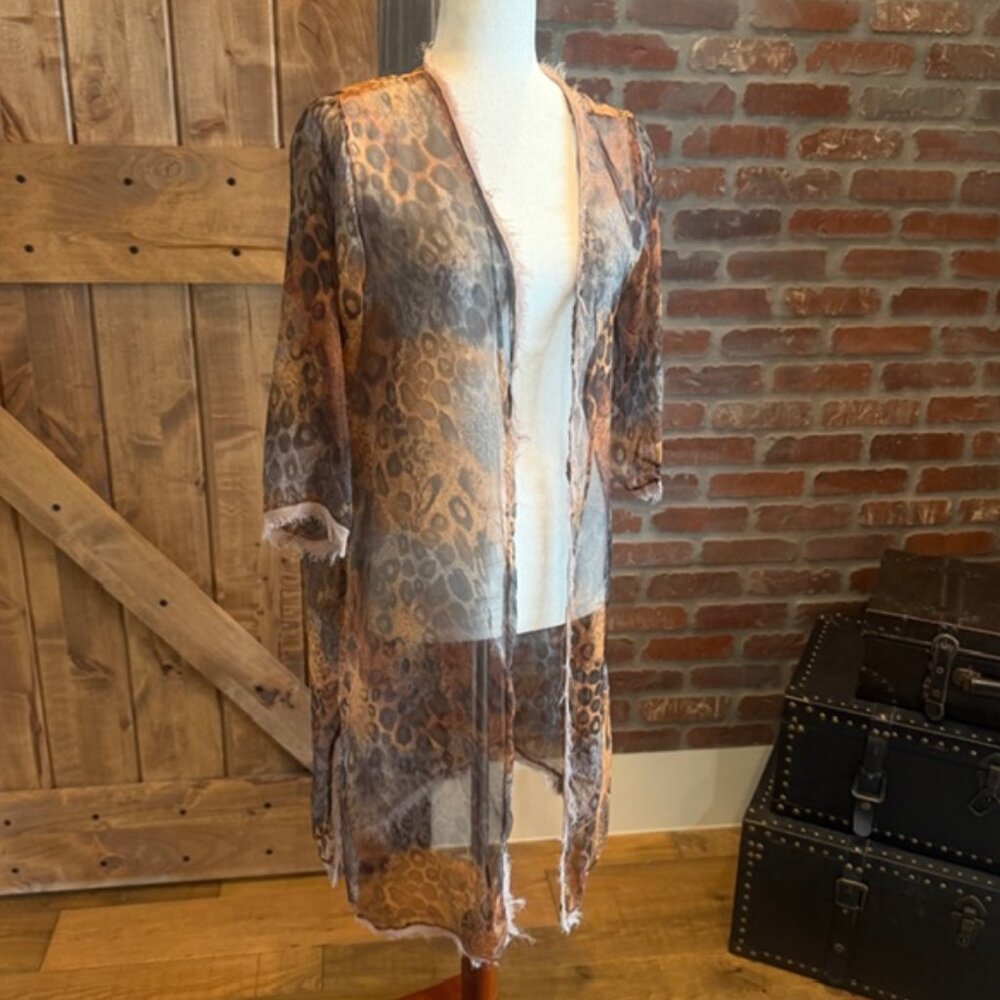 Sheer Leopard Print Duster Kimono | Raw Edge Boho Gypsy Chic | S/M